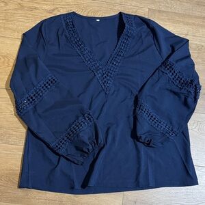 Navy Blue Lace Trim Women's Top